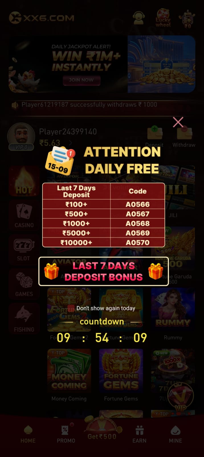 XX6 Game daily deposit bonus promotion with reward codes