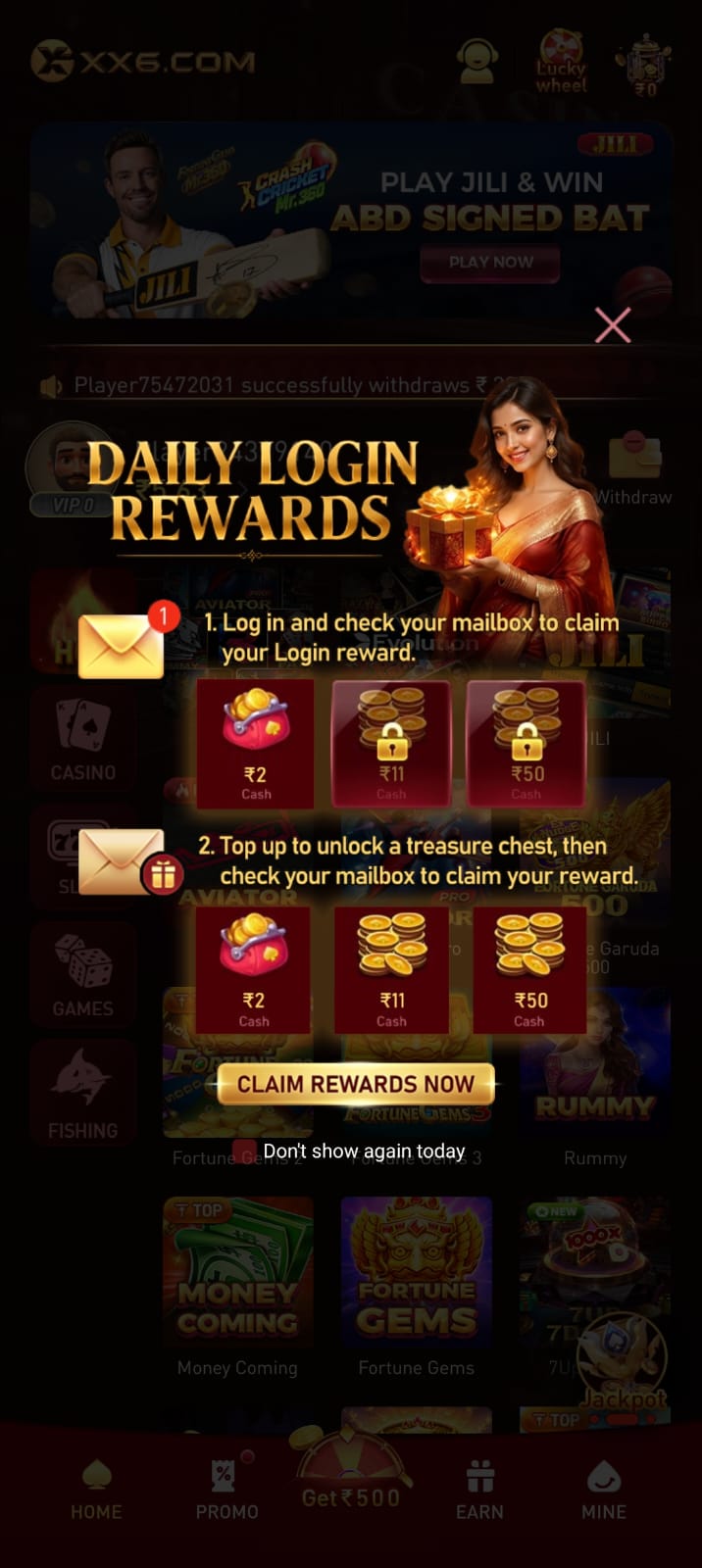 XX6 Game daily login rewards and cash bonus promotion